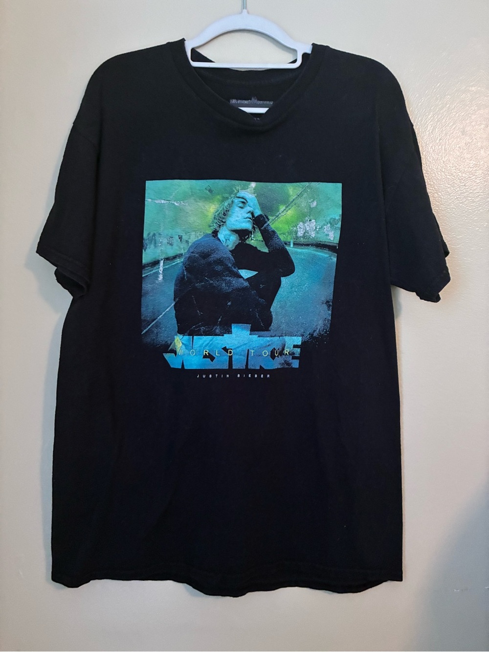 Justin Bieber Black Tour Graphic Tee with Teal & Green Photo Print